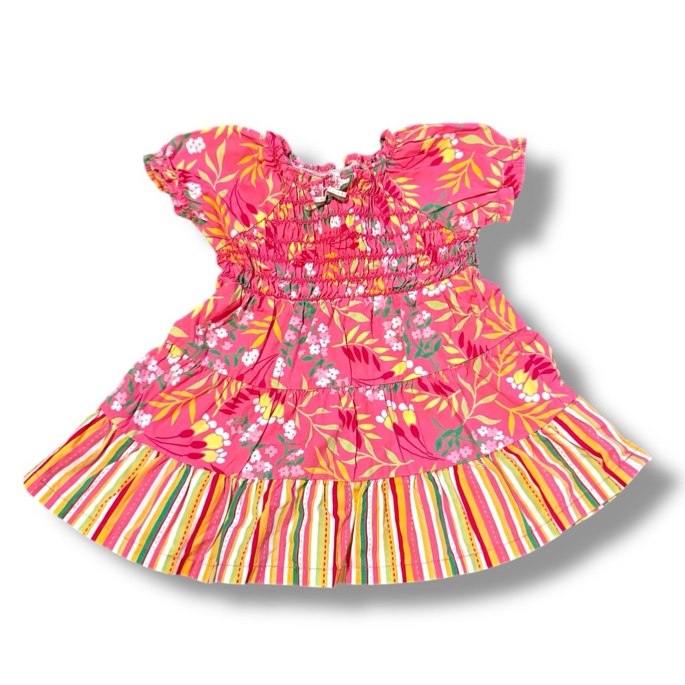 Hanna Andersson Bright Pink‎ Orange Floral Short Sleeve A-Line Dress Sz 60